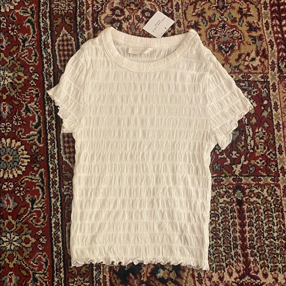 American Eagle White Textured/Smocked/Ruched Women's Top